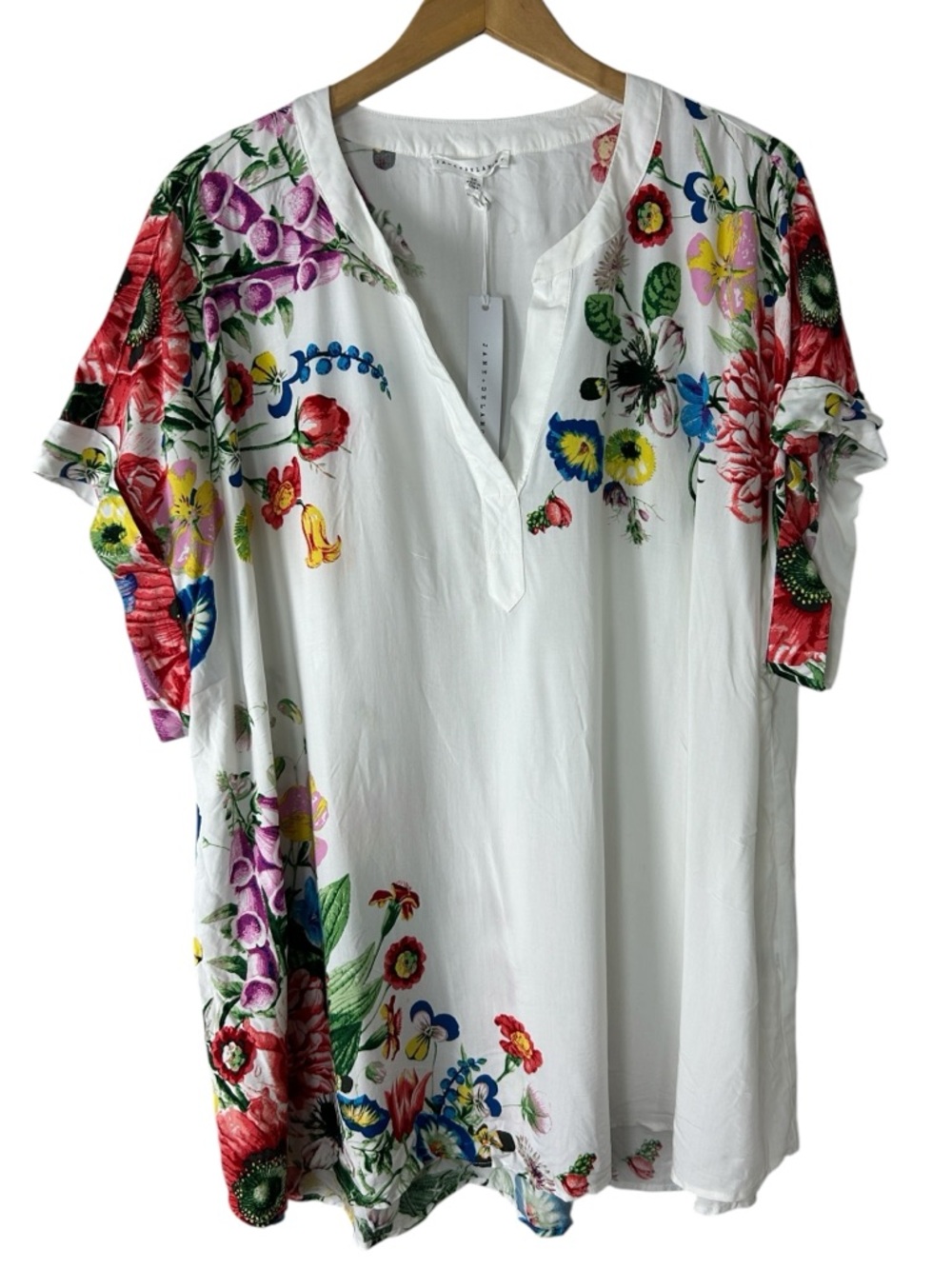 Jane + Delaney Floral Tunic Top 3X NWT Boho White Short Sleeve Blouse Plus Size